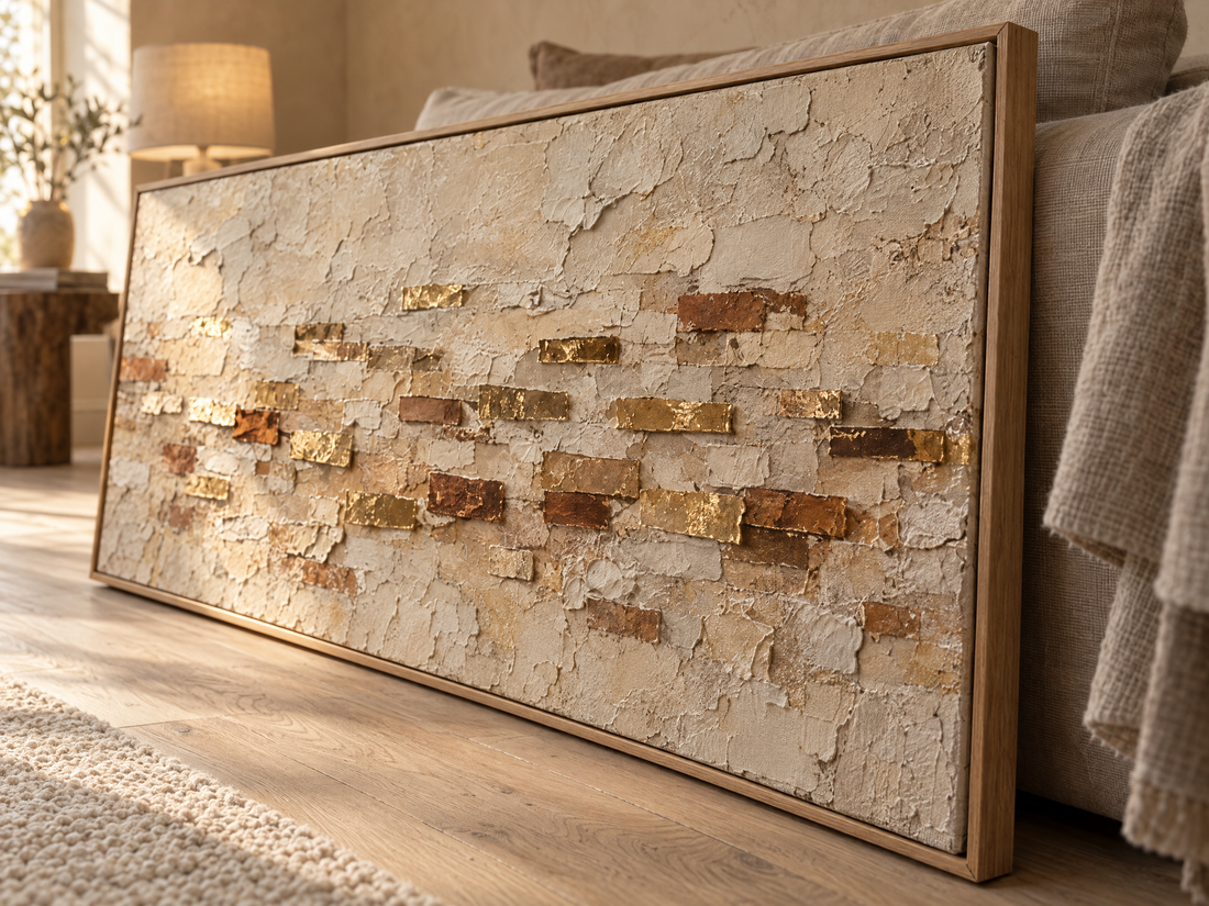 Close up of the ochre and gold dashes standing proud of the cream plaster