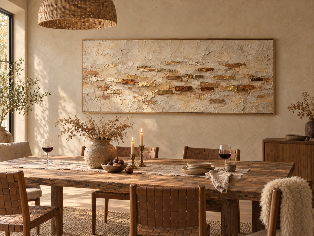 Ochre and cream plaster canvas above a rustic dining table
