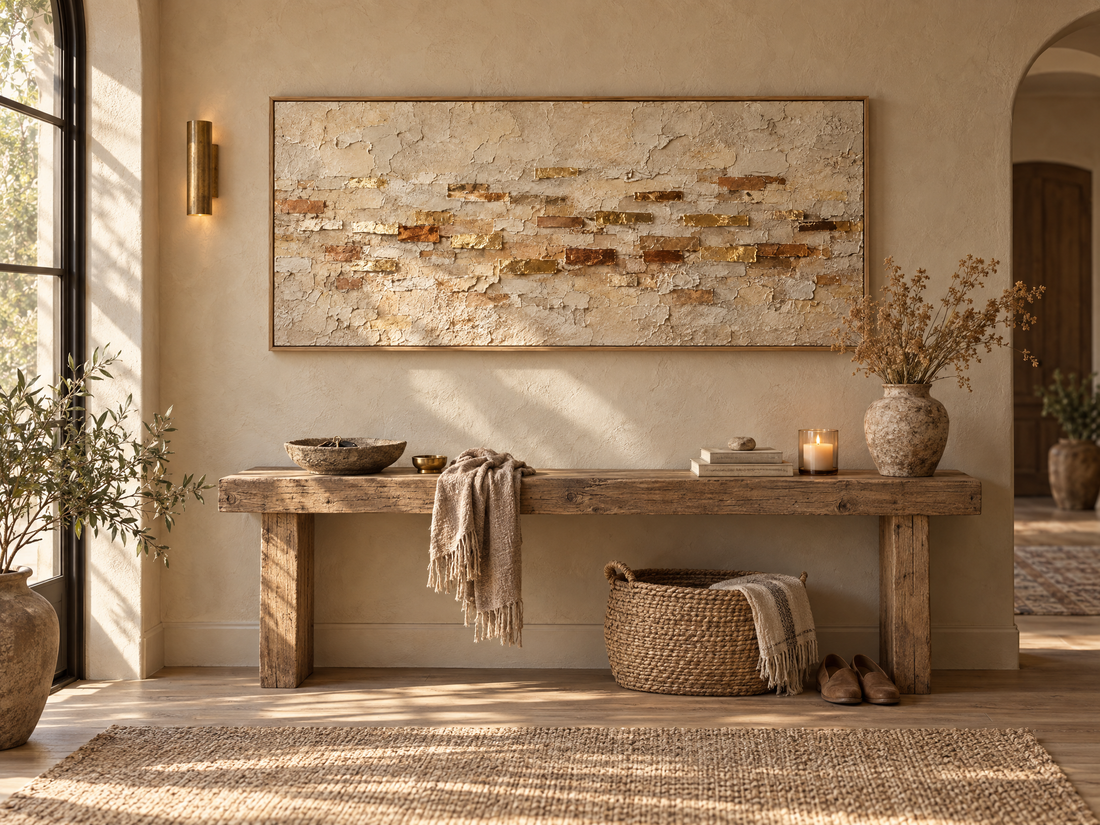 Wide ochre and gold canvas above a timber bench in a sunlit entryway