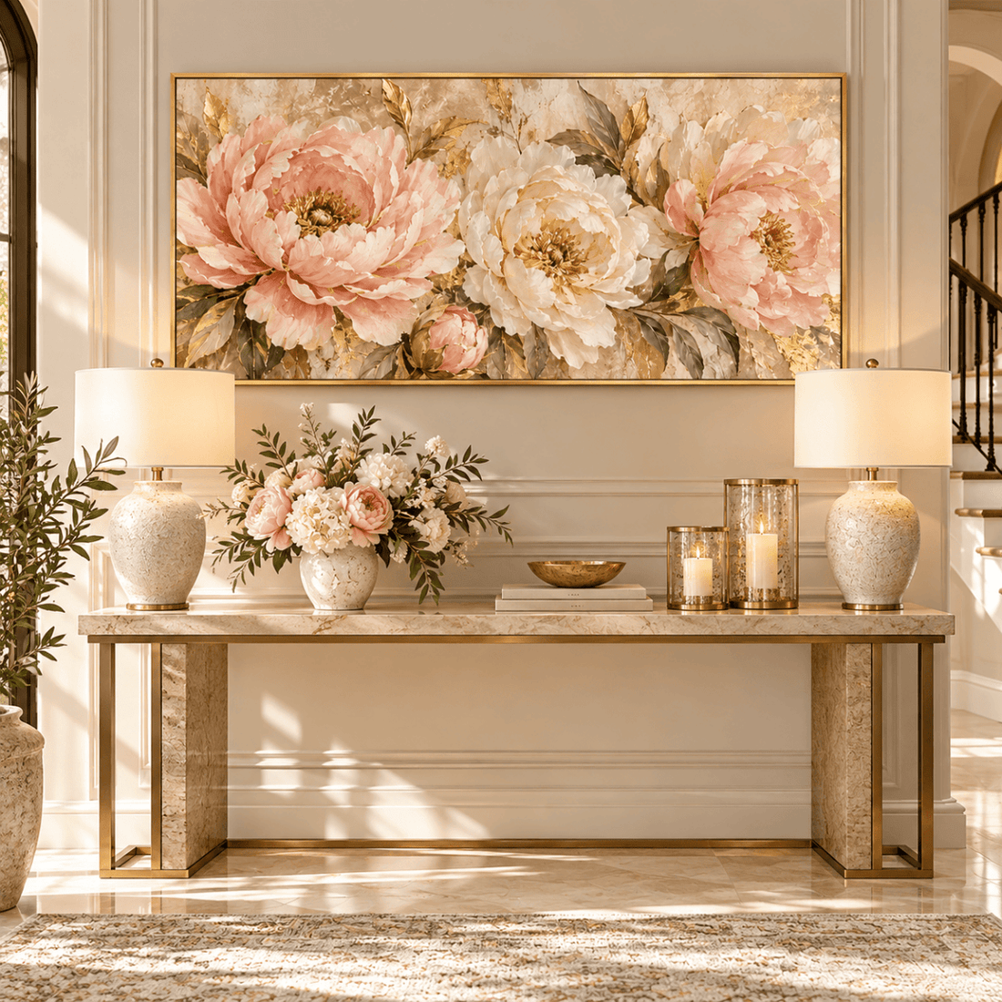Pink and Gold Peony Wall Art – Oversized Panoramic Textured Look Canvas for Living Room - Sense for Decor