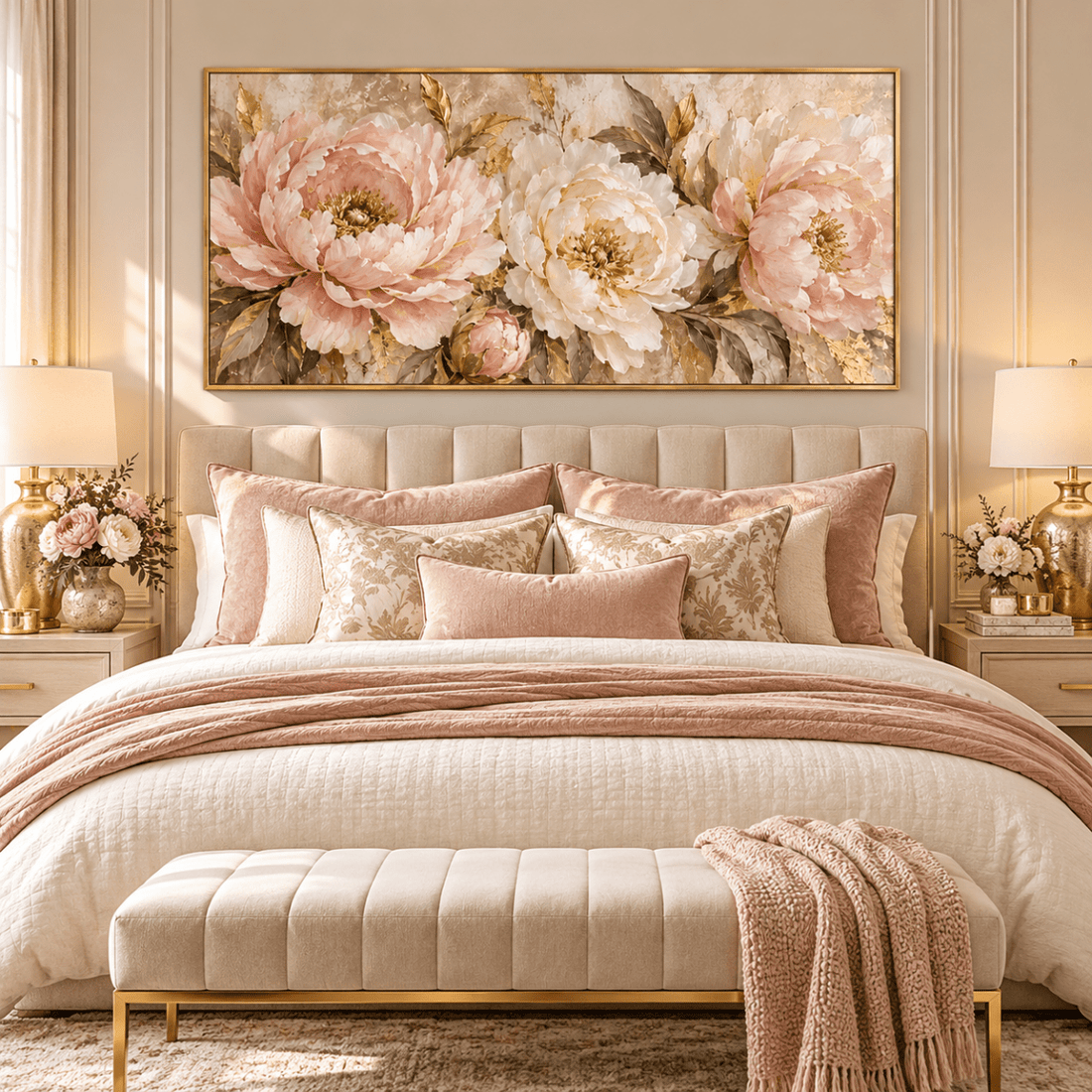 Pink and Gold Peony Wall Art – Oversized Panoramic Textured Look Canvas for Living Room - Sense for Decor