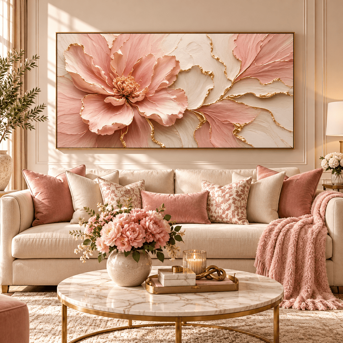 Pink Peony Wall Art – Oversized Panoramic Blush and Gold Leaf Bloom Textured Look Canvas for Bedroom - Sense for Decor