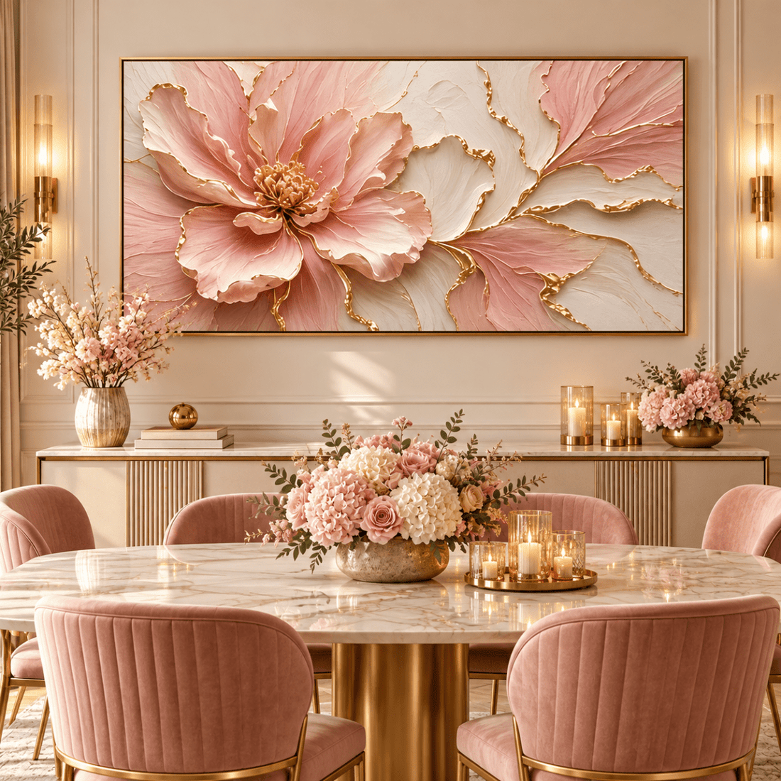 Pink Peony Wall Art – Oversized Panoramic Blush and Gold Leaf Bloom Textured Look Canvas for Bedroom - Sense for Decor