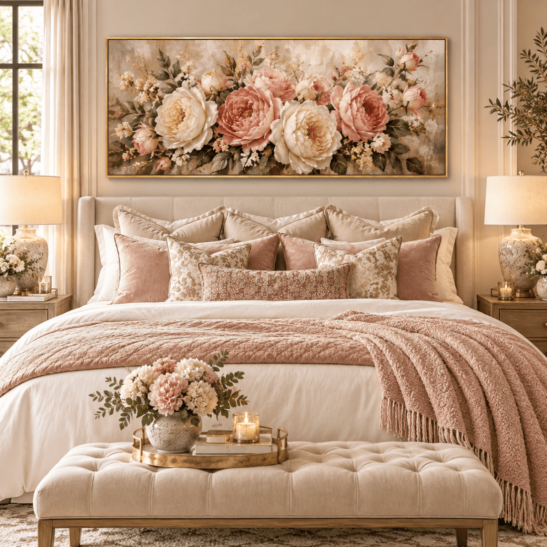 Pink Rose Wall Art – Oversized Panoramic Blush and Cream Garden Rose Textured Look Canvas for Living Room - Sense for Decor