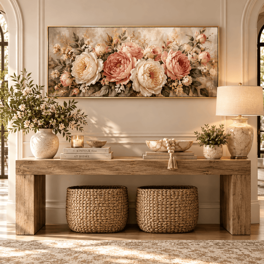 Pink Rose Wall Art – Oversized Panoramic Blush and Cream Garden Rose Textured Look Canvas for Living Room - Sense for Decor