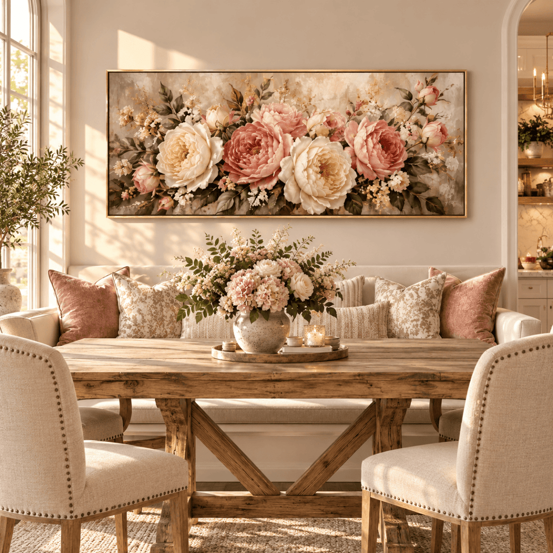 Pink Rose Wall Art – Oversized Panoramic Blush and Cream Garden Rose Textured Look Canvas for Living Room - Sense for Decor