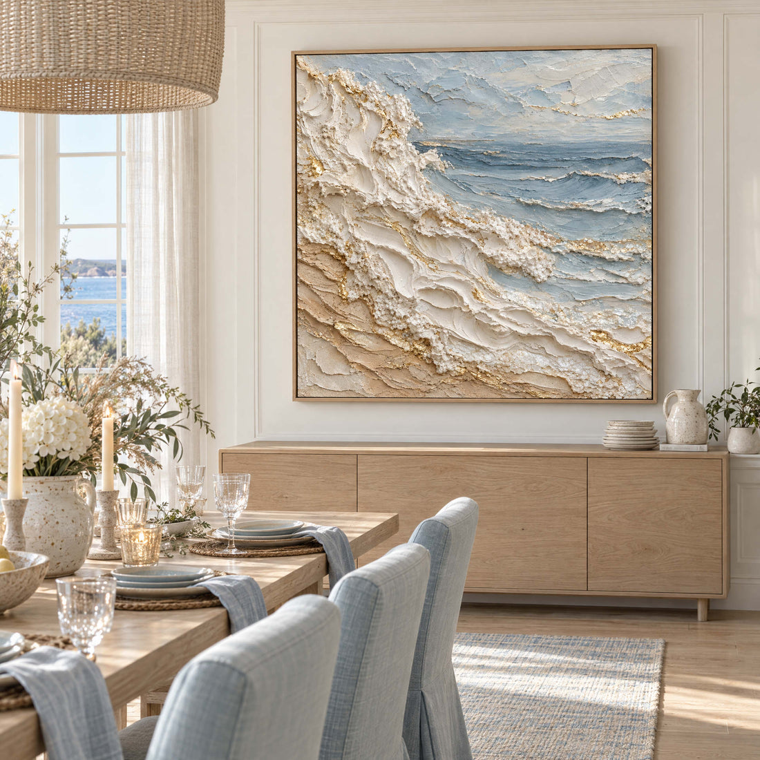 Breaking wave canvas above an oak sideboard in a warm white dining room