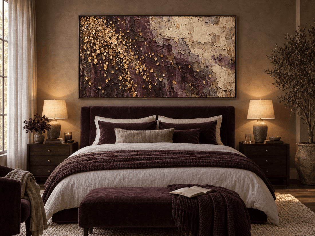 Plum and Gold Wall Art – Oversized Aubergine Textured Look Canvas with Gold Leaf for Living Room - Sense for Decor