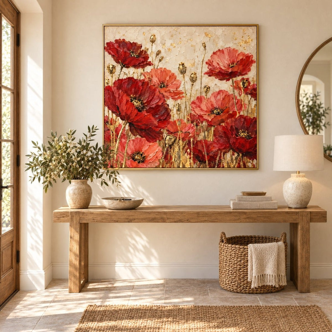 Red Poppy Wall Art – Oversized Poppy Meadow Gold Leaf Textured Look Canvas for Dining Room - Sense for Decor