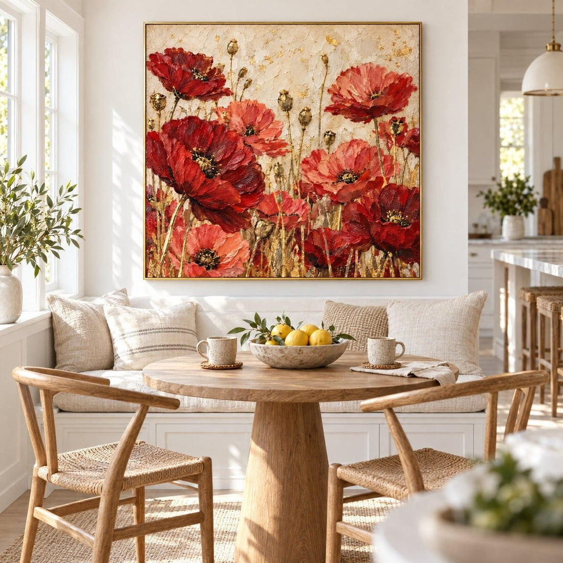 Red Poppy Wall Art – Oversized Poppy Meadow Gold Leaf Textured Look Canvas for Dining Room - Sense for Decor