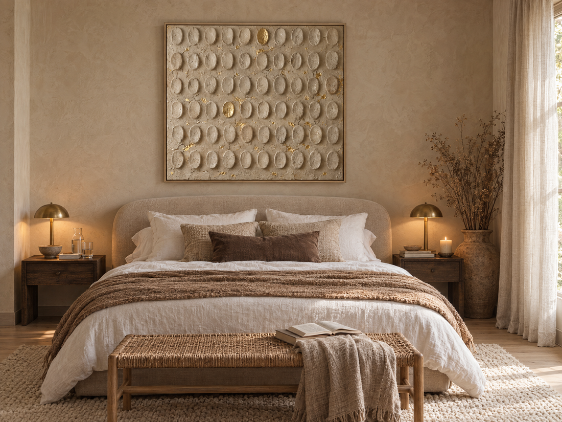 Pale embossed canvas above an upholstered bed in a neutral bedroom