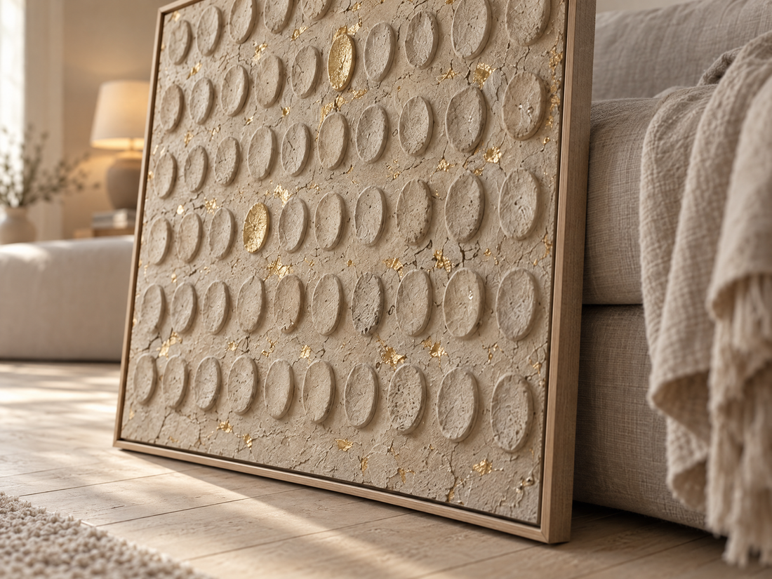 Close up of the embossed plaster domes and the gold leaf caught in the hollows