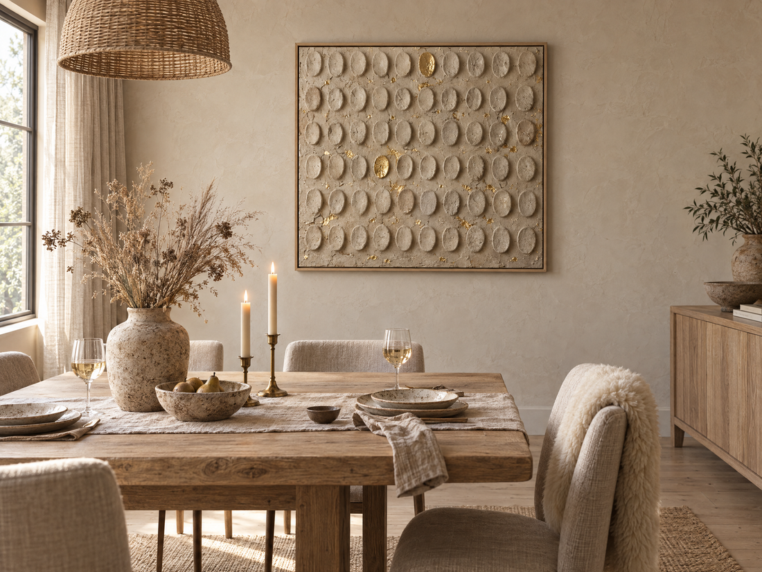 Beige and gold embossed canvas above an oak dining table