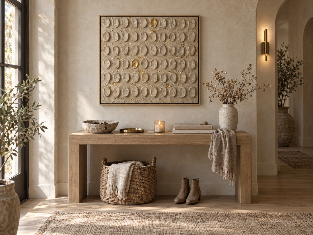 Embossed plaster canvas above a pale console table in an entryway