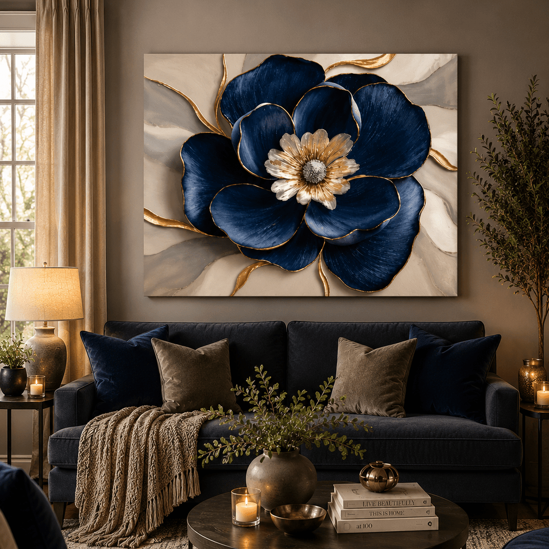 Royal Petal Radiance – Blue & Gold Floral Canvas Wall Art - Sense for Decor