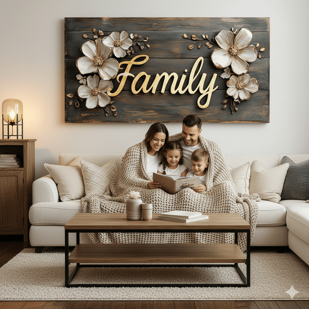 Rustic Family Canvas – Farmhouse Style Wall Decor with Floral Accents - Sense for Decor