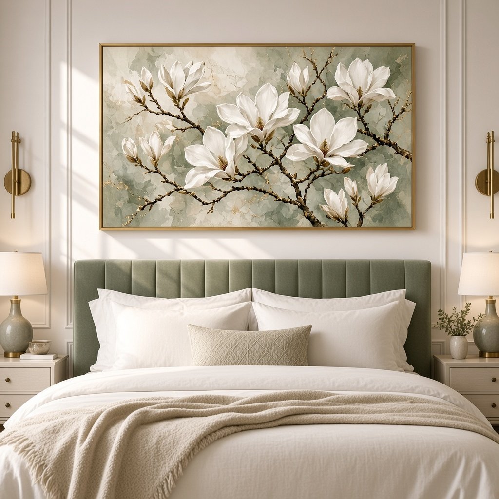 Magnolia wall art above a sage upholstered bed