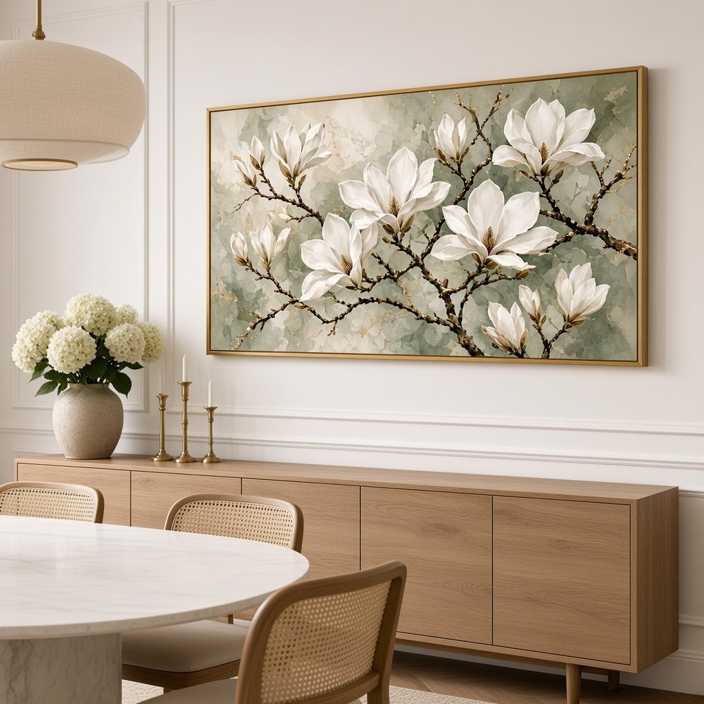 Magnolia wall art in a dining room