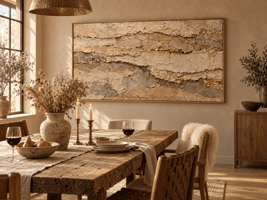 Sandstone Wall Art – Oversized Beige and Gold Layered Stone Textured Look Canvas for Living Room - Sense for Decor