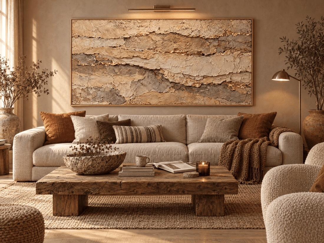 Sandstone Wall Art – Oversized Beige and Gold Layered Stone Textured Look Canvas for Living Room - Sense for Decor