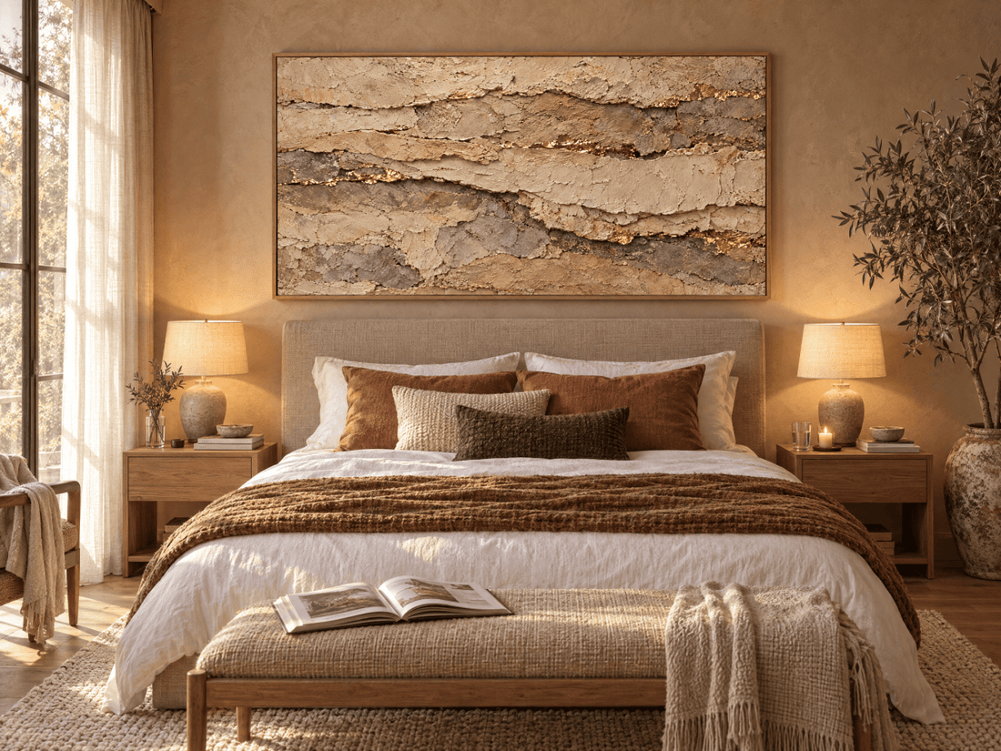 Sandstone Wall Art – Oversized Beige and Gold Layered Stone Textured Look Canvas for Living Room - Sense for Decor