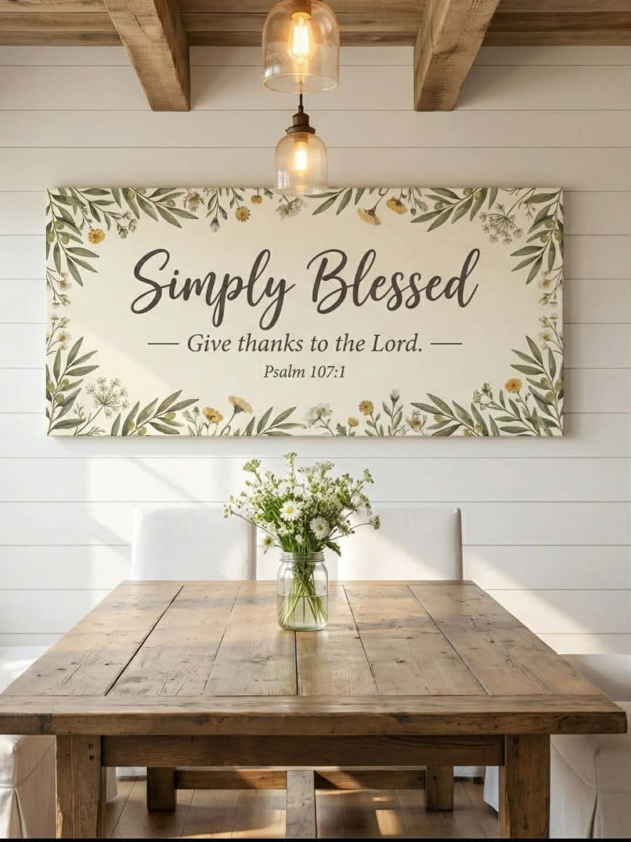 Simply Blessed Christian Wall Art – Psalm 107:1 Farmhouse Canvas Decor, Faith - Based Dining Room and Kitchen Wall Decor - Sense for Decor
