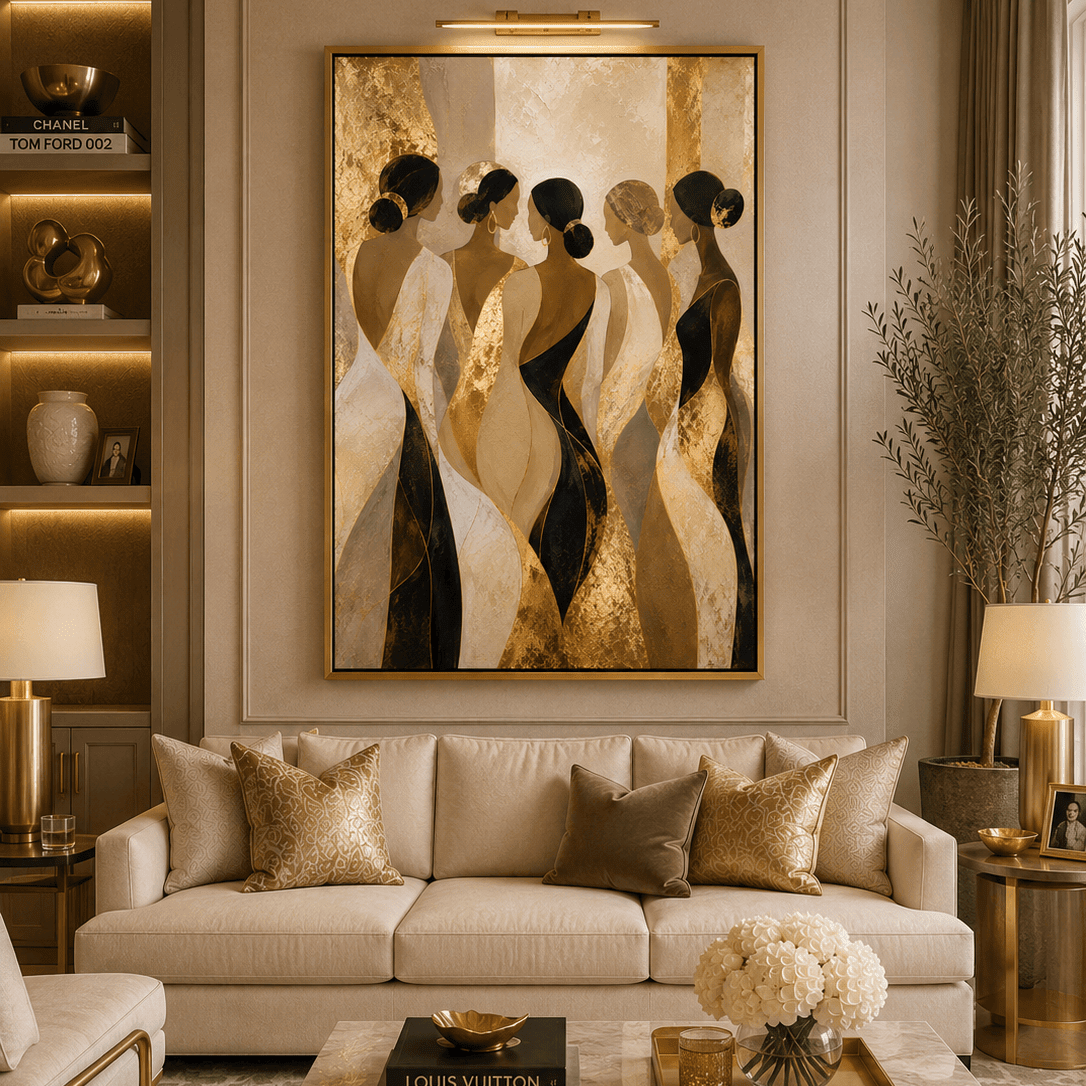 Sisterhood — Modern Gold & Ivory Figurative Canvas | Klimt - Inspired Wall Art - Sense for Decor