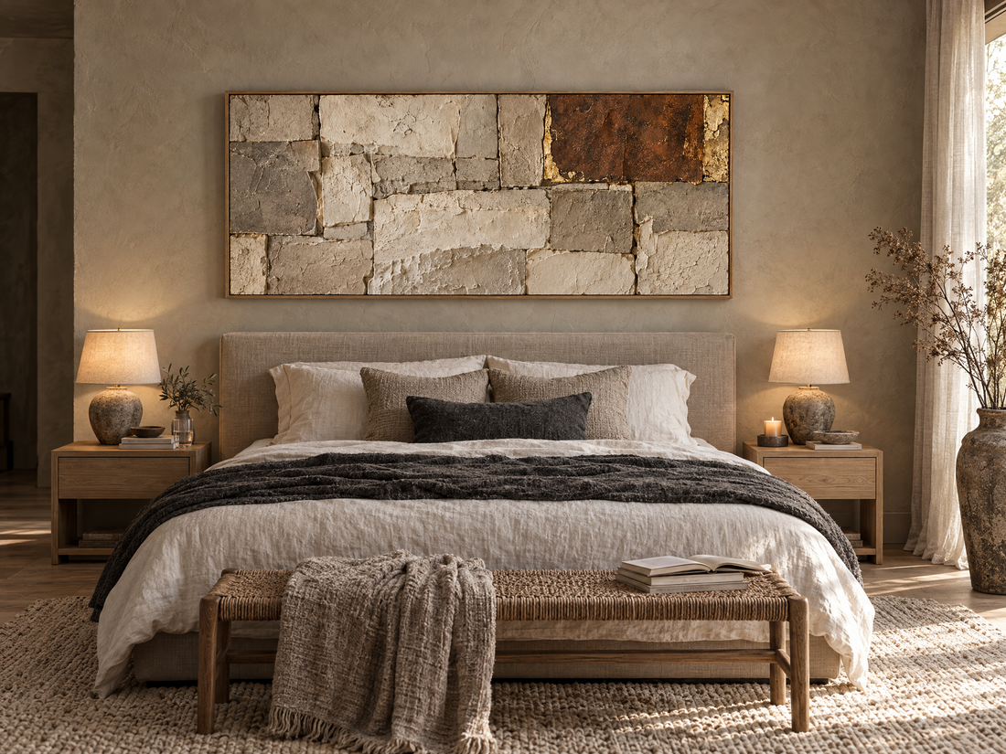 Panoramic stone block canvas above a bed in a neutral bedroom