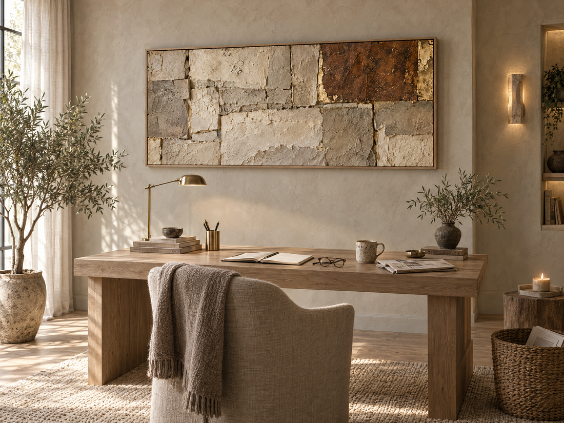 Cream stone block canvas above an oak desk in a home office