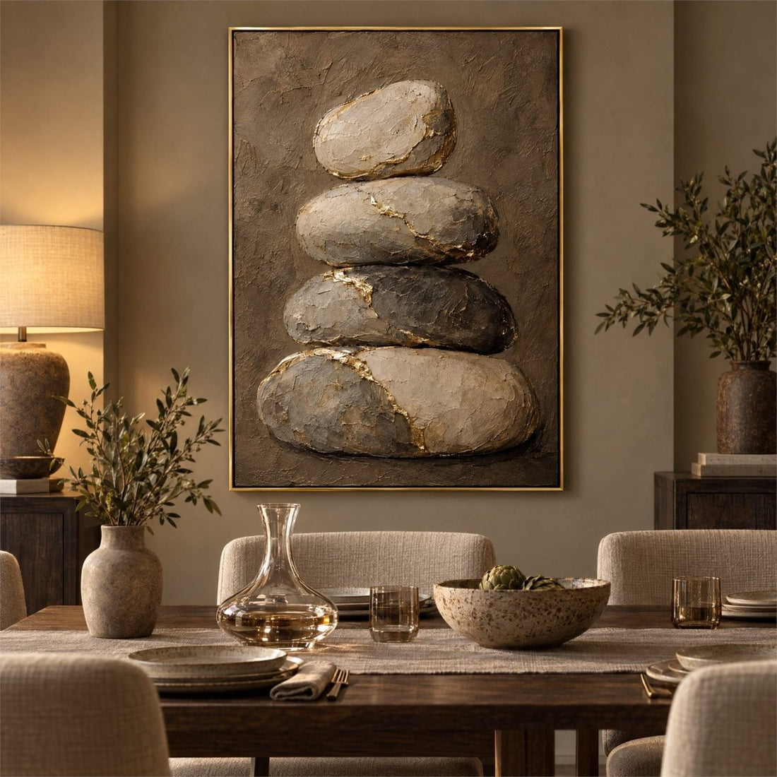 Stone Wall Art – Oversized Balanced Cairn with Gold Kintsugi Textured Look Canvas for Living Room - Sense for Decor