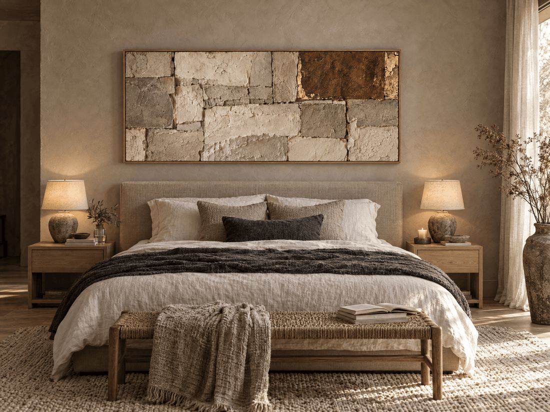 Stone Wall Art – Oversized Cream and Rust Block Textured Look Canvas for Living Room - Sense for Decor