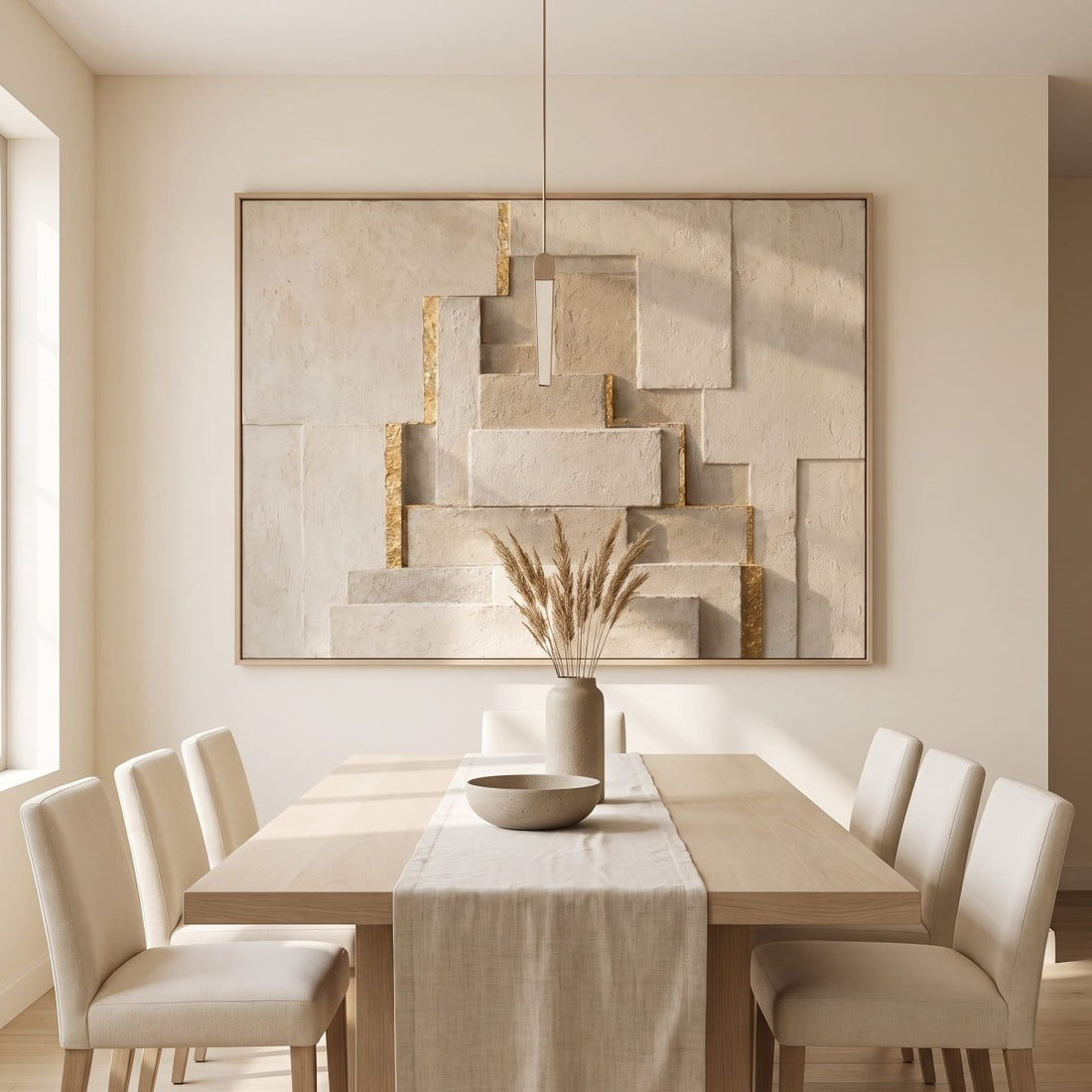 Stone Wall Art – Oversized Stepped Relief Textured Look Canvas with Gold Seams for Living Room - Sense for Decor