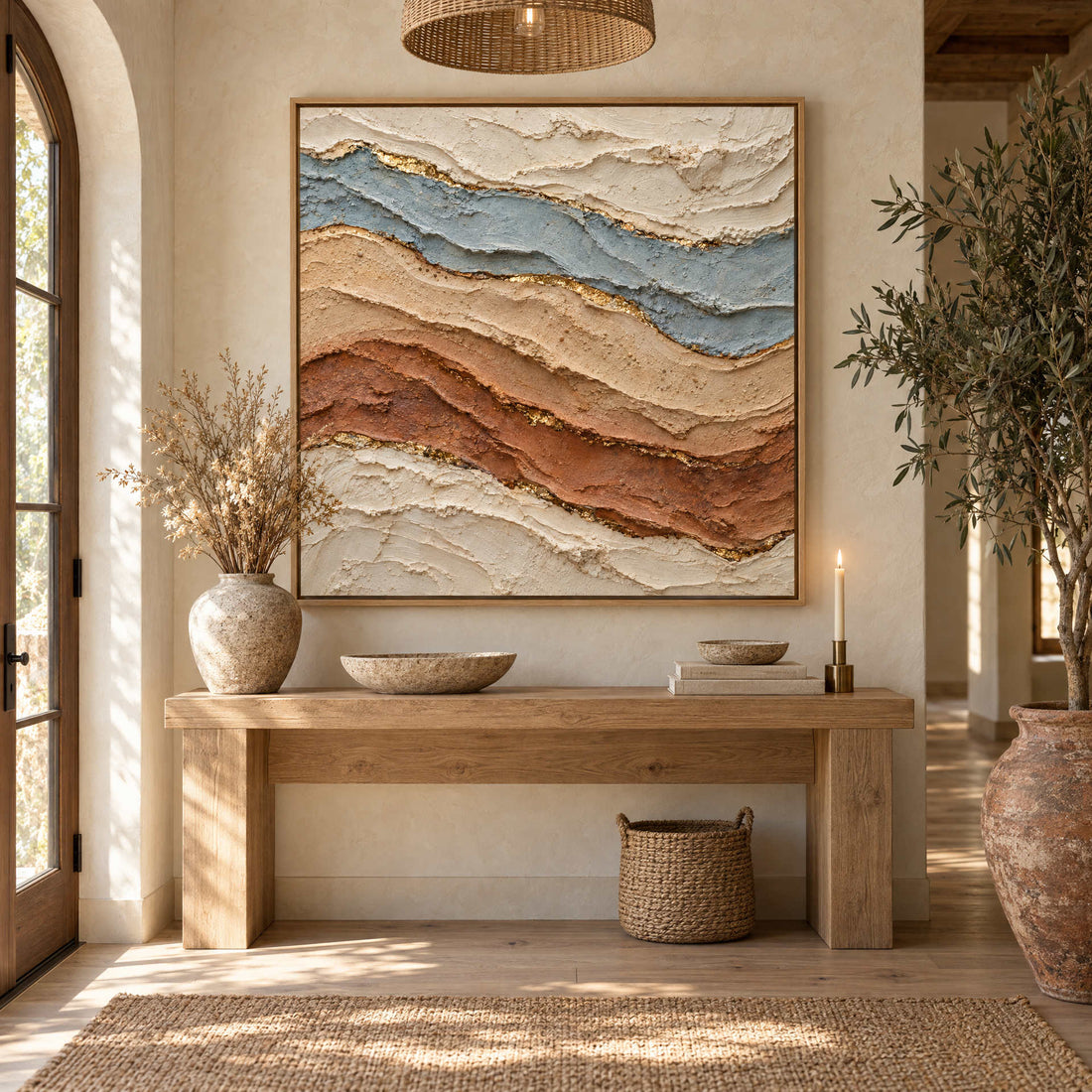 Terracotta and blue strata canvas above a console in a sunlit entryway