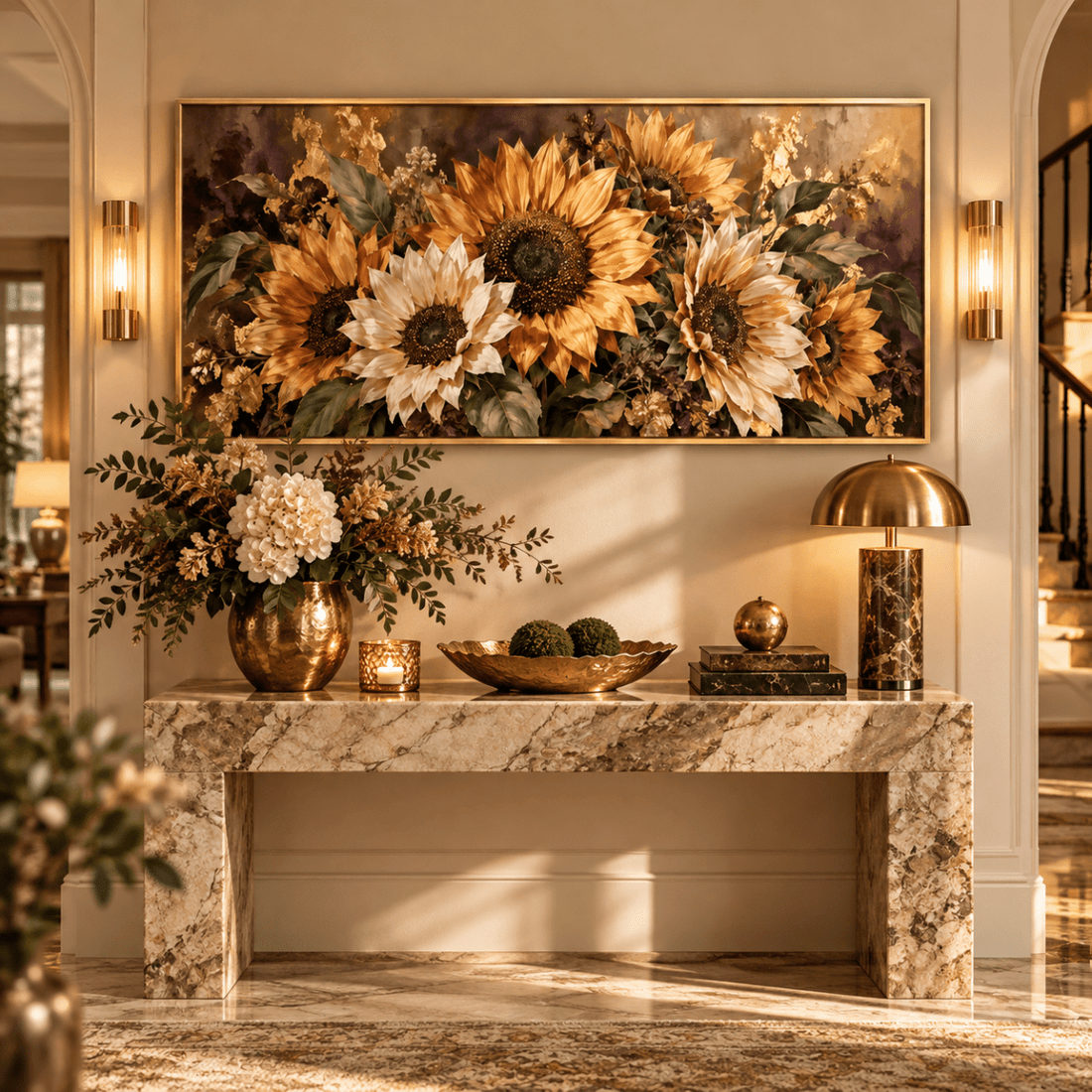Sunflower Wall Art – Oversized Panoramic Bronze and Plum Textured Look Canvas for Dining Room - Sense for Decor