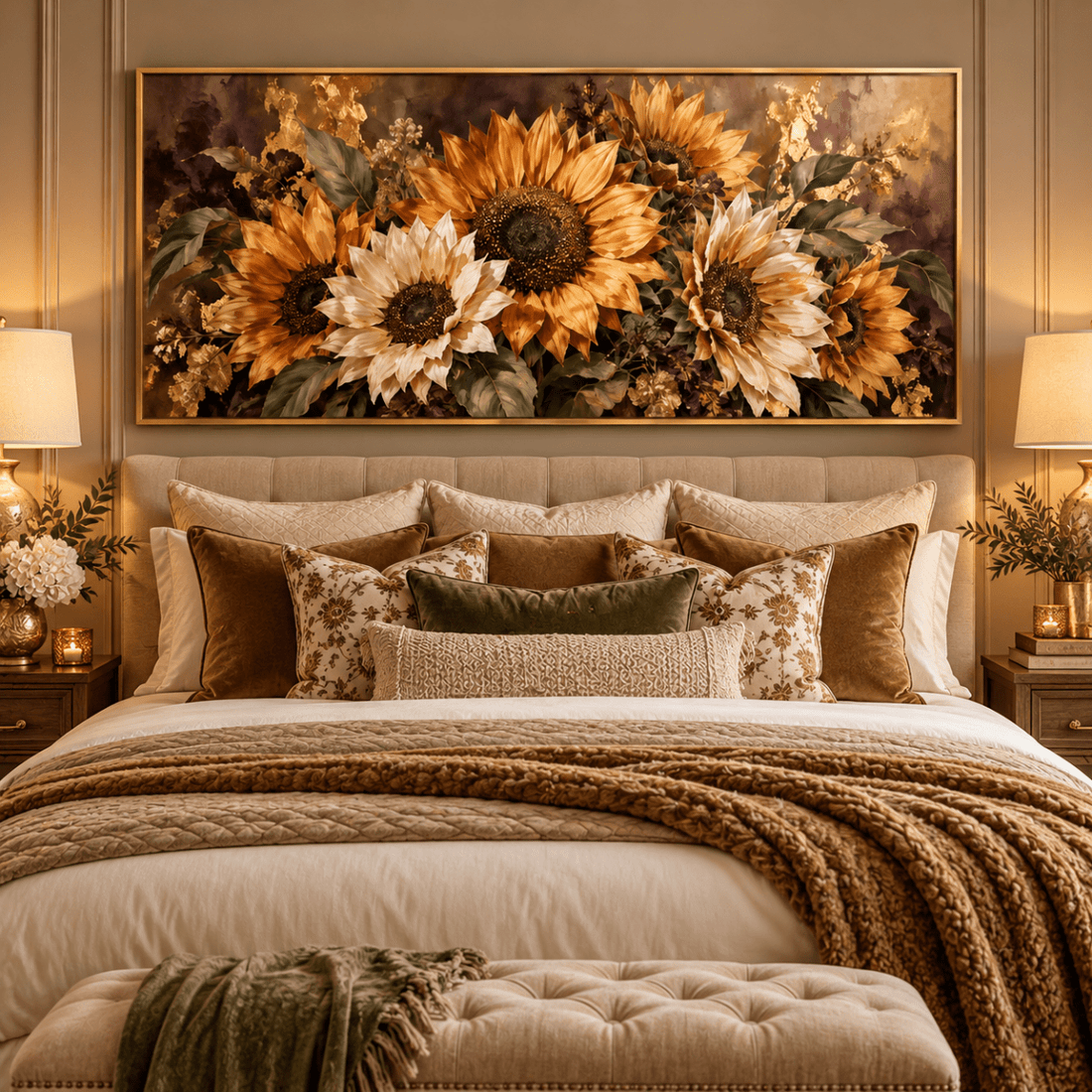 Sunflower Wall Art – Oversized Panoramic Bronze and Plum Textured Look Canvas for Dining Room - Sense for Decor