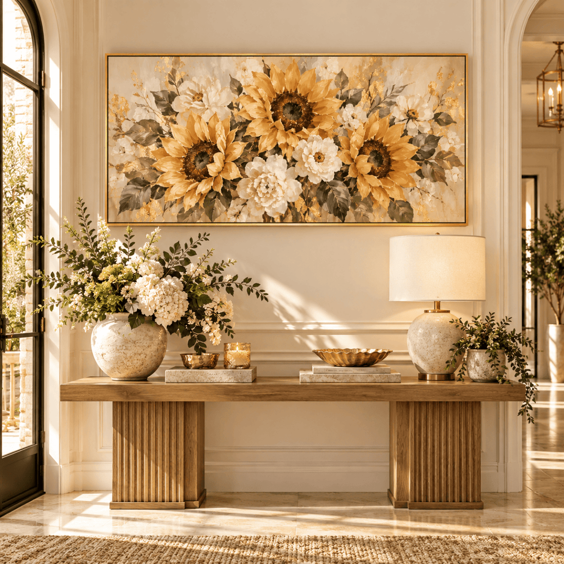 Sunflower Wall Art – Oversized Panoramic Gold and Cream Textured Look Canvas for Living Room - Sense for Decor