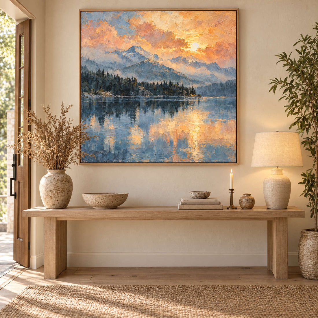 Mountain lake sunset canvas above a timber console in an entryway
