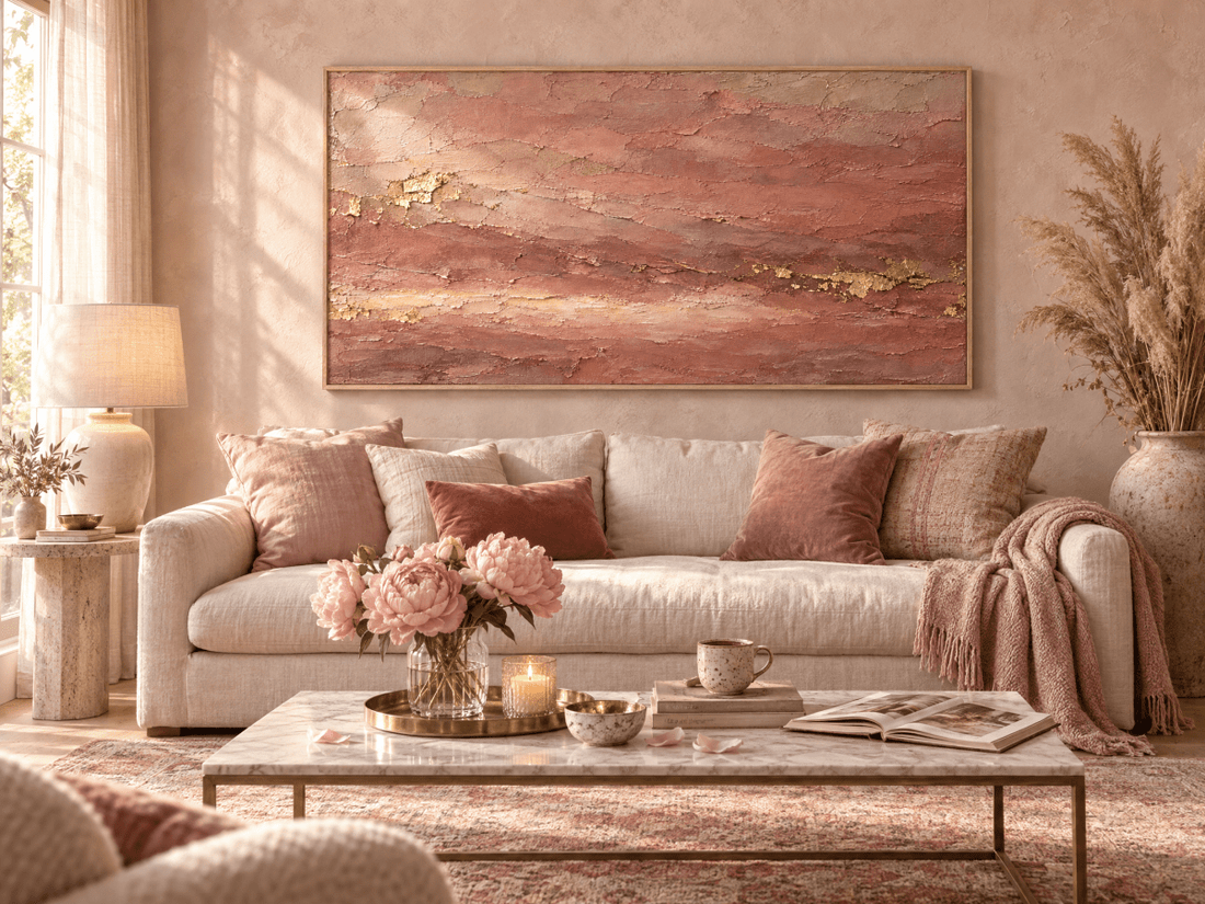 Terracotta and Rose Wall Art – Oversized Gold Leaf Textured Look Canvas for Living Room - Sense for Decor