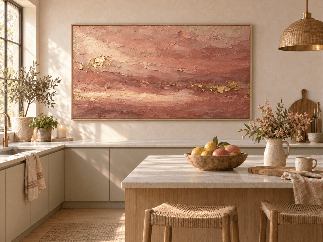 Terracotta and Rose Wall Art – Oversized Gold Leaf Textured Look Canvas for Living Room - Sense for Decor