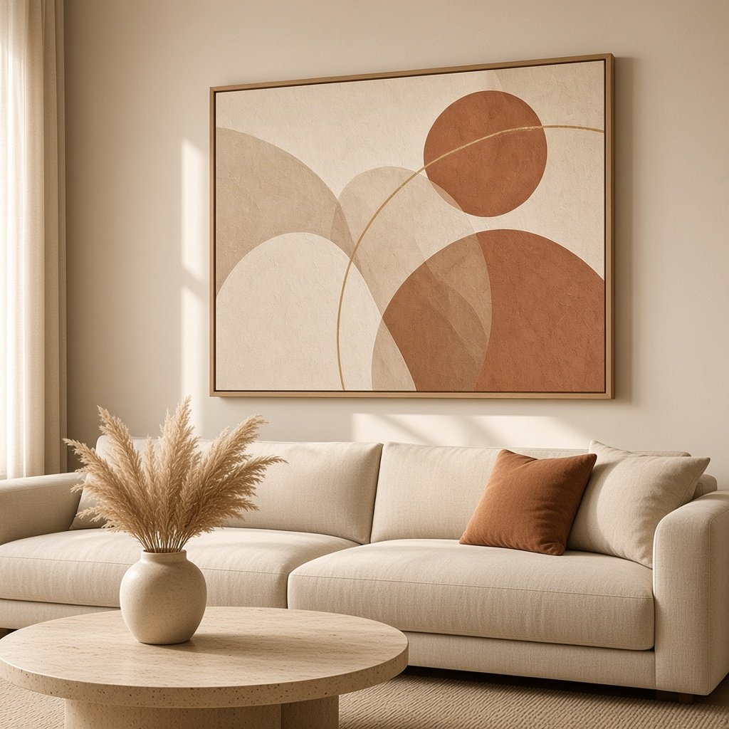 Terracotta arches wall art above a cream sofa