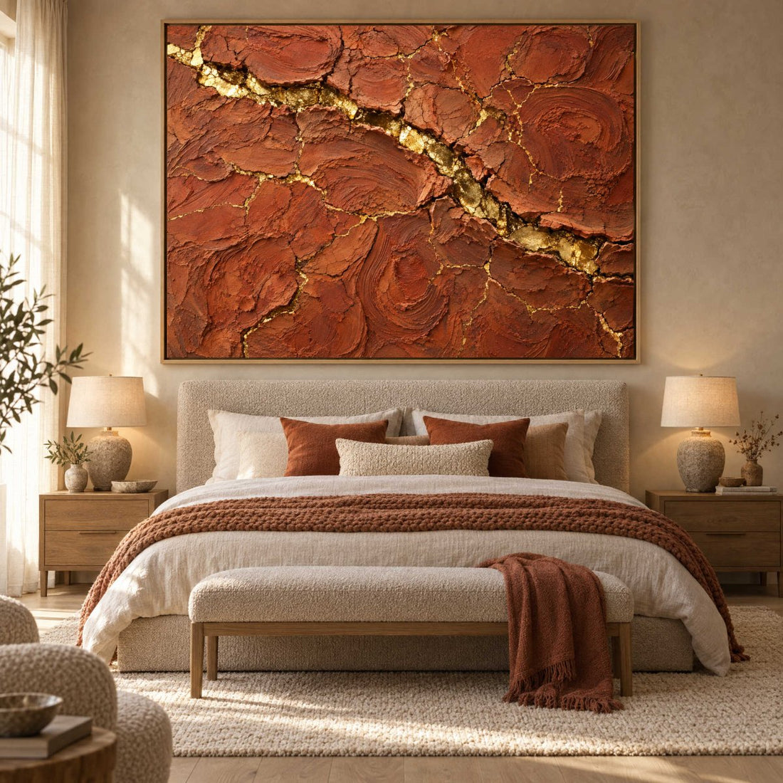 Terracotta Wall Art – Oversized Cracked Earth and Gold Textured Look Canvas for Living Room - Sense for Decor