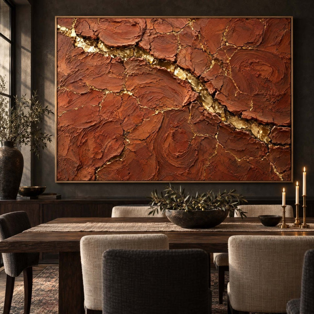 Terracotta Wall Art – Oversized Cracked Earth and Gold Textured Look Canvas for Living Room - Sense for Decor