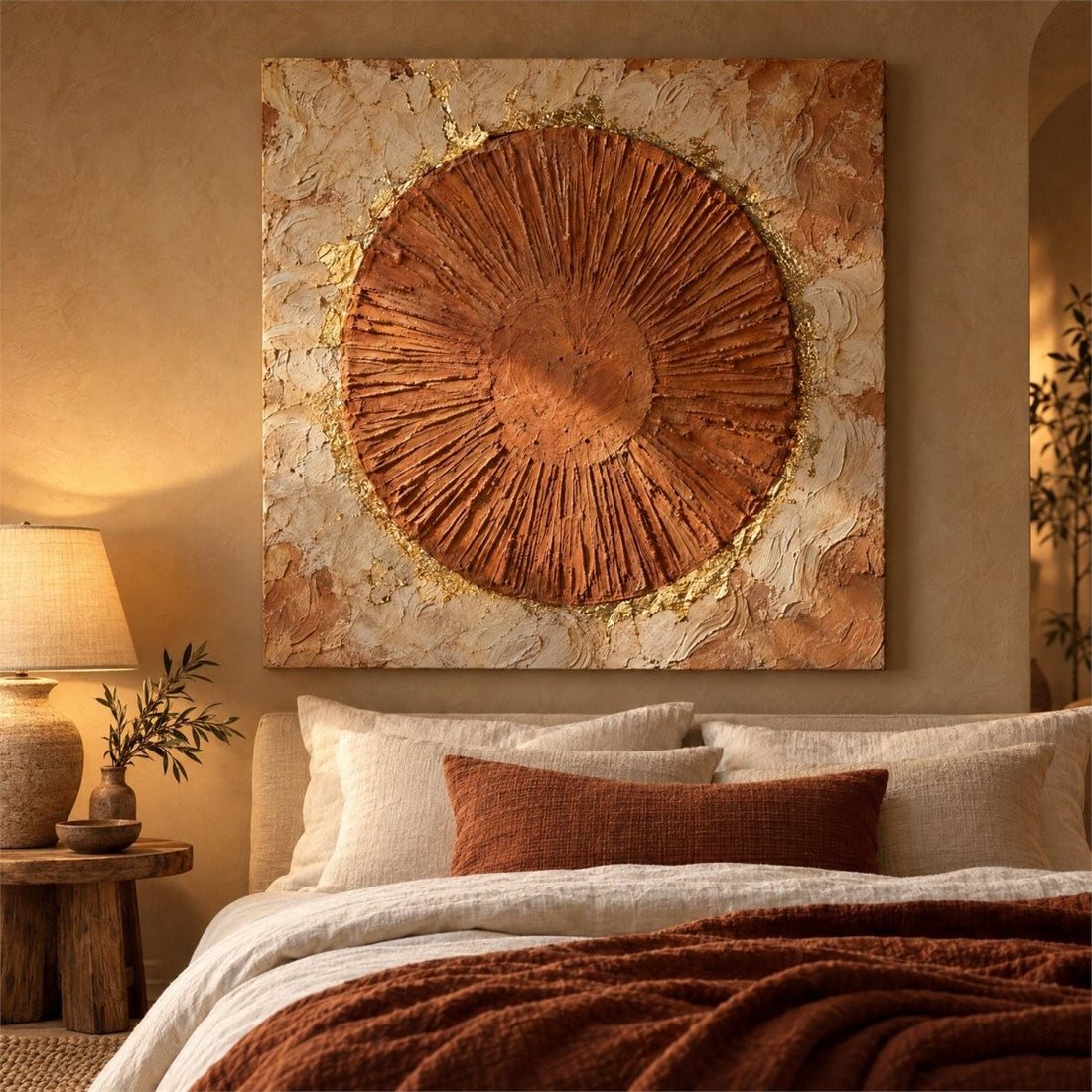 Terracotta Wall Art – Oversized Rust and Gold Sun Disc Textured Look Canvas for Living Room - Sense for Decor