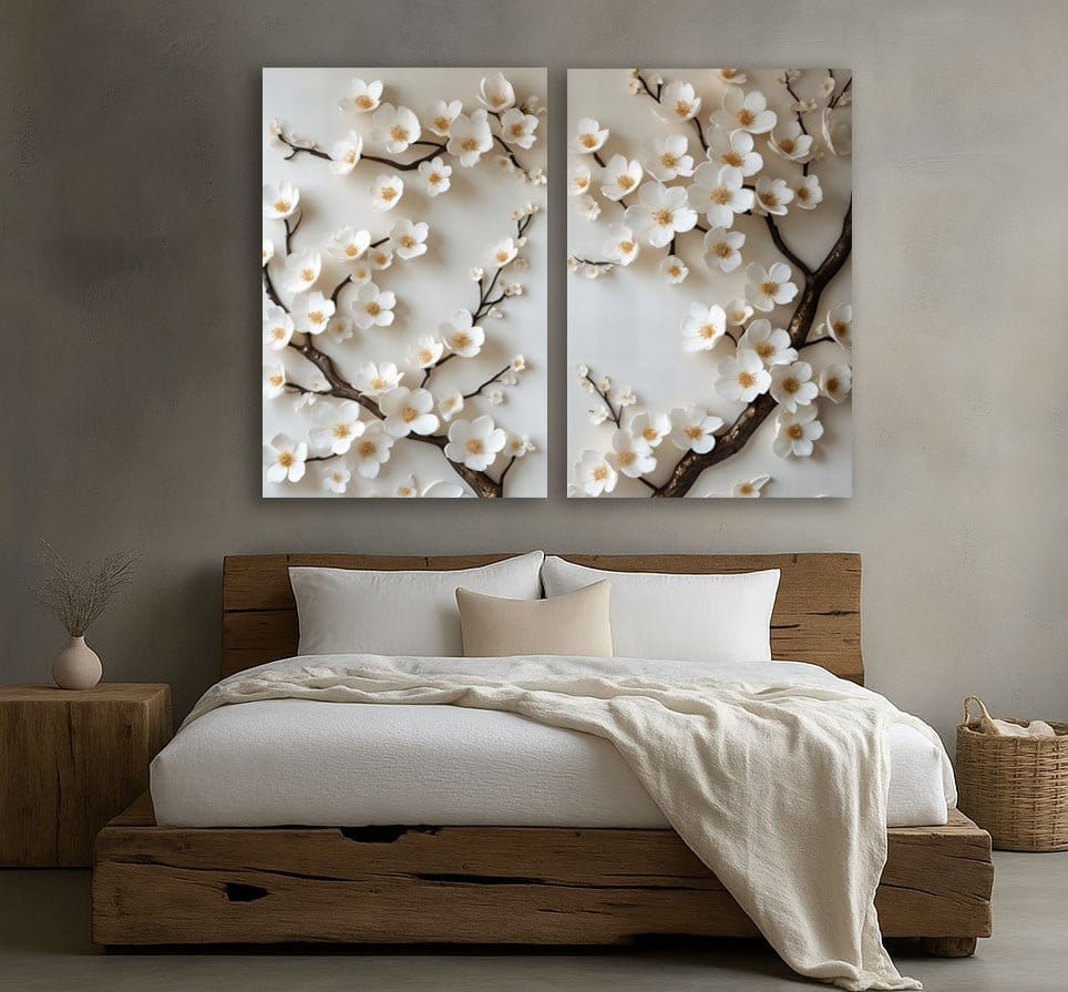 Timeless Cherry Blossom Wall Art Elegant White Floral Canvas Print (Set of 2 Panels) - Sense for Decor