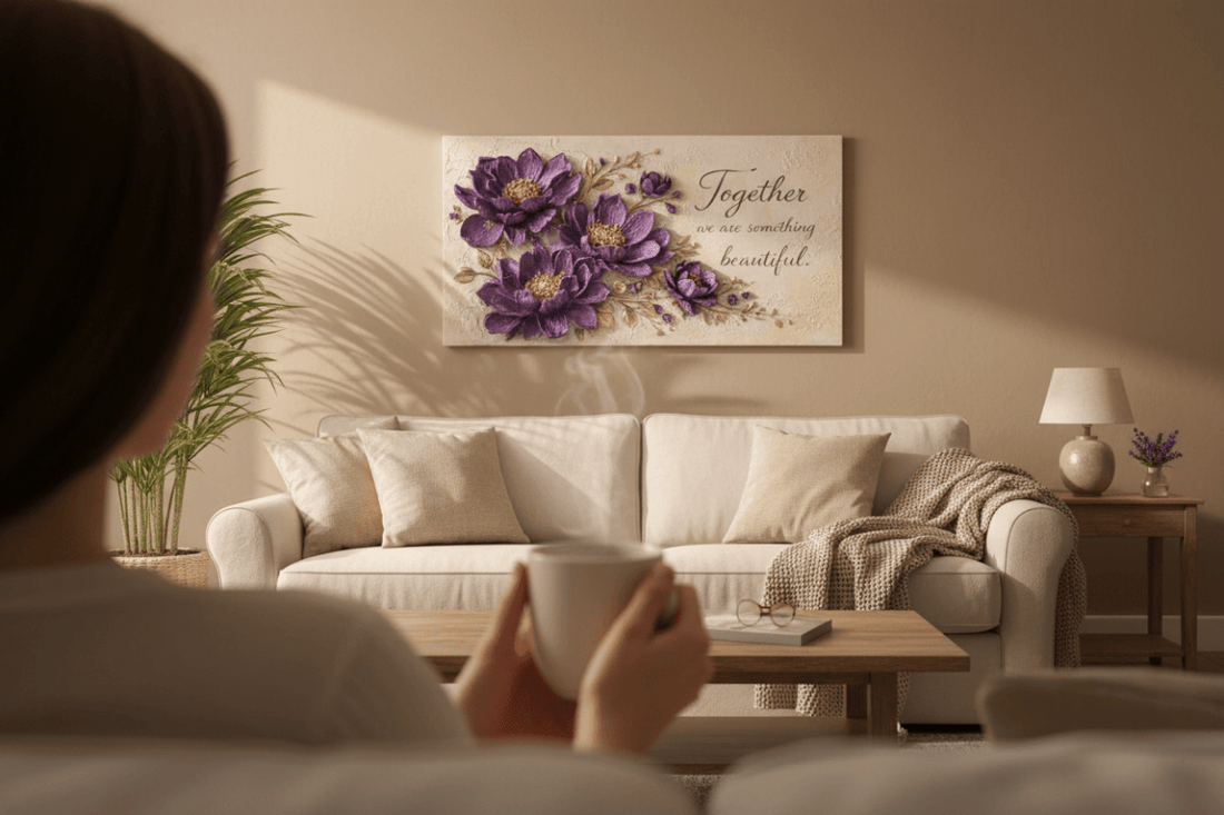 Together We Are Something Beautiful Wall Art - 3D Purple Peony Canvas with Gold Texture & Cream Backdrop - Sense for Decor