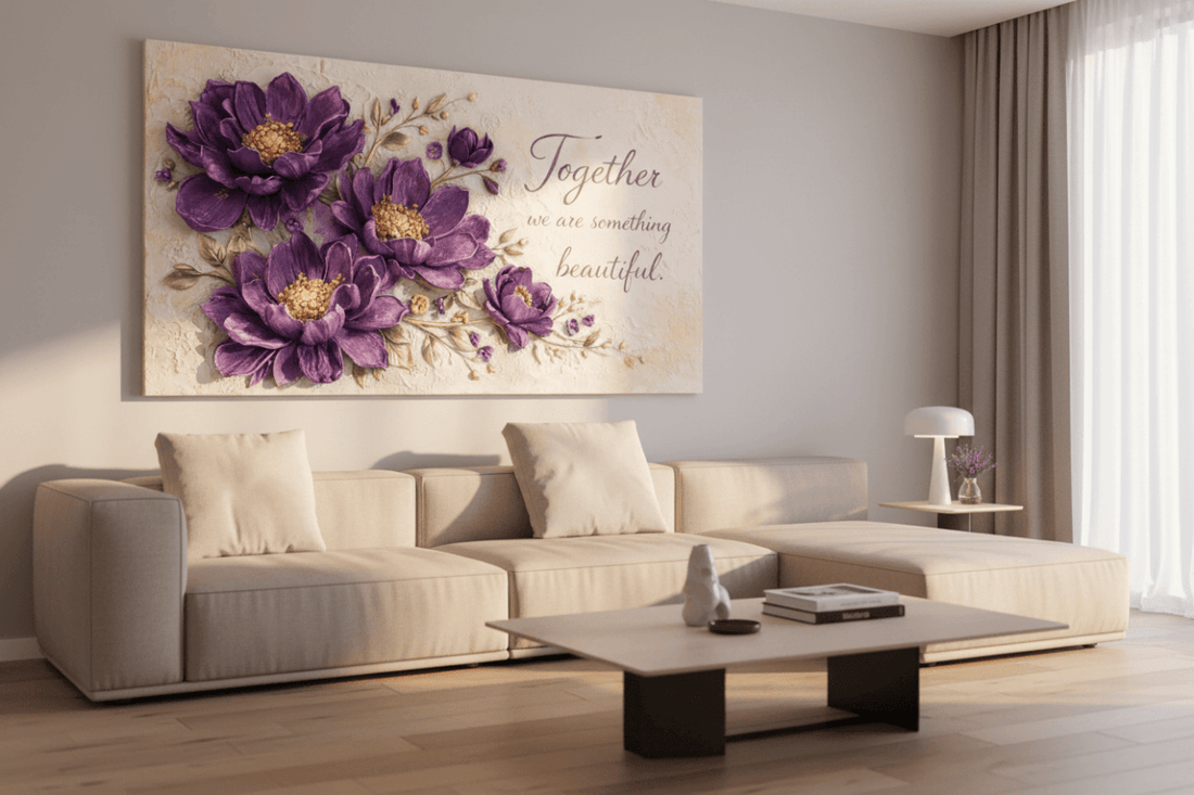 Together We Are Something Beautiful Wall Art - 3D Purple Peony Canvas with Gold Texture & Cream Backdrop - Sense for Decor