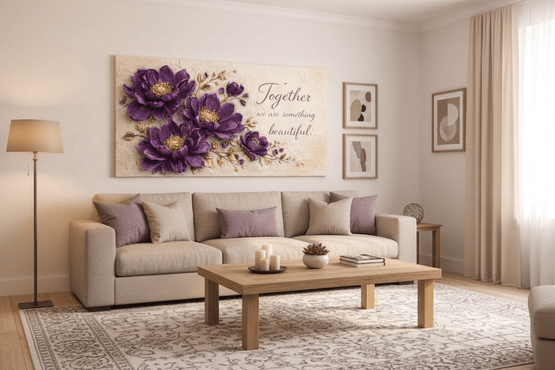 Together We Are Something Beautiful Wall Art - 3D Purple Peony Canvas with Gold Texture & Cream Backdrop - Sense for Decor