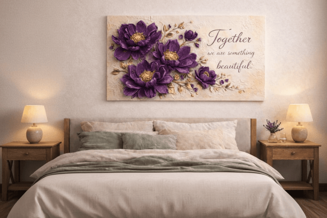 Together We Are Something Beautiful Wall Art - 3D Purple Peony Canvas with Gold Texture & Cream Backdrop - Sense for Decor