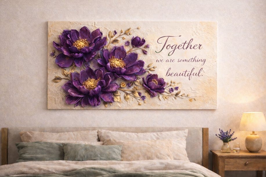 Together We Are Something Beautiful Wall Art - 3D Purple Peony Canvas with Gold Texture & Cream Backdrop - Sense for Decor