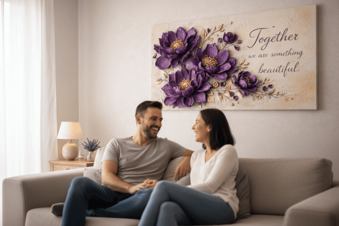 Together We Are Something Beautiful Wall Art - 3D Purple Peony Canvas with Gold Texture & Cream Backdrop - Sense for Decor